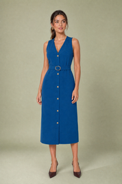 Robe midi col V ceinturée | Variante Bleu | Lounelle Paris