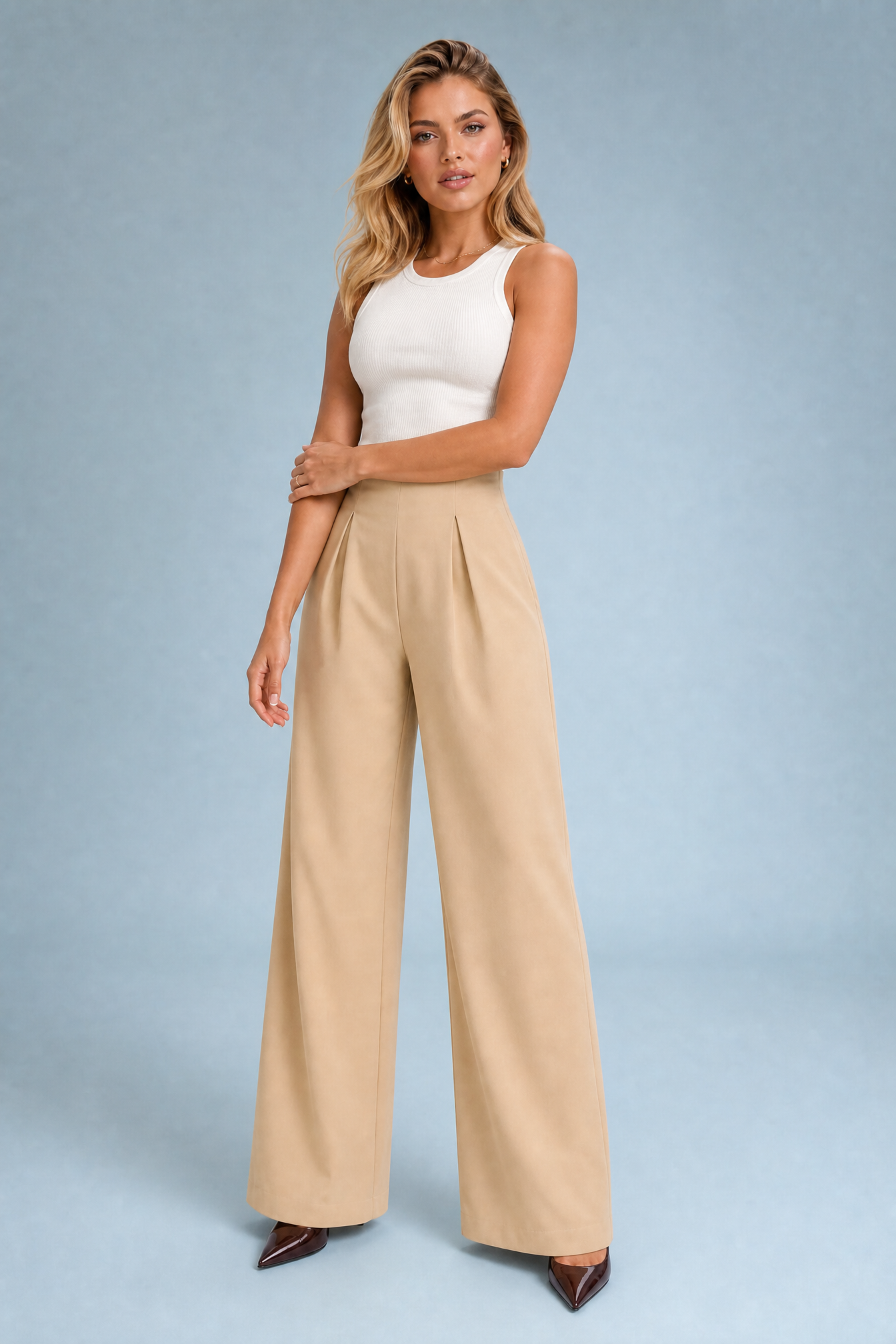 Pantalon beige taille haute jambes larges | Variante Beige | Lounelle Paris