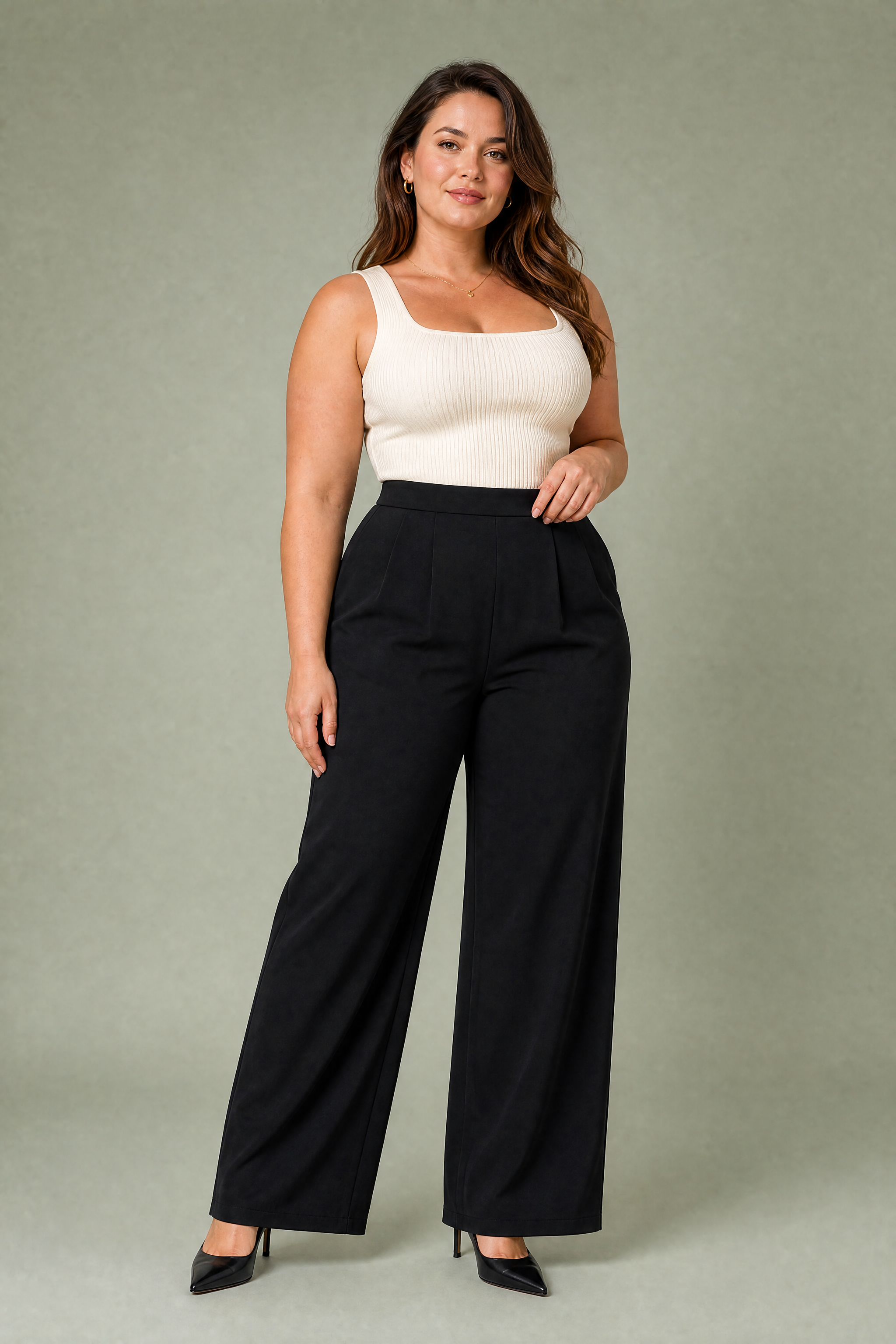 Pantalon large taille haute | Porté sur une silhouette plus ronde | Lounelle Paris