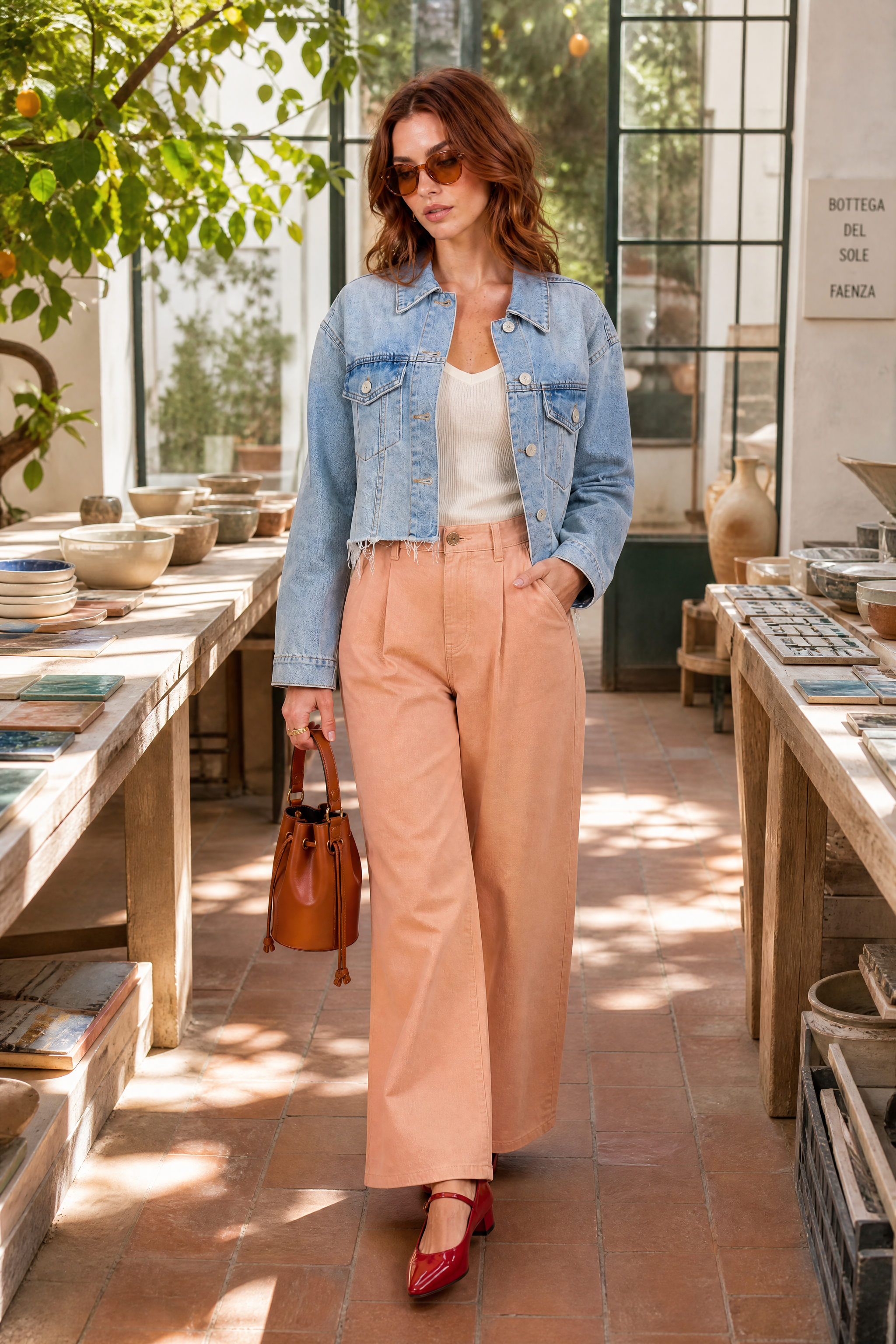Veste en jean bleu clair courte effilochée | Photo lifestyle | Lounelle Paris