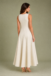 Robe longuecrème évasée sans manches | Vue de dos | Lounelle Paris