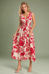 Vestito midi rosso floreale schiena nuda