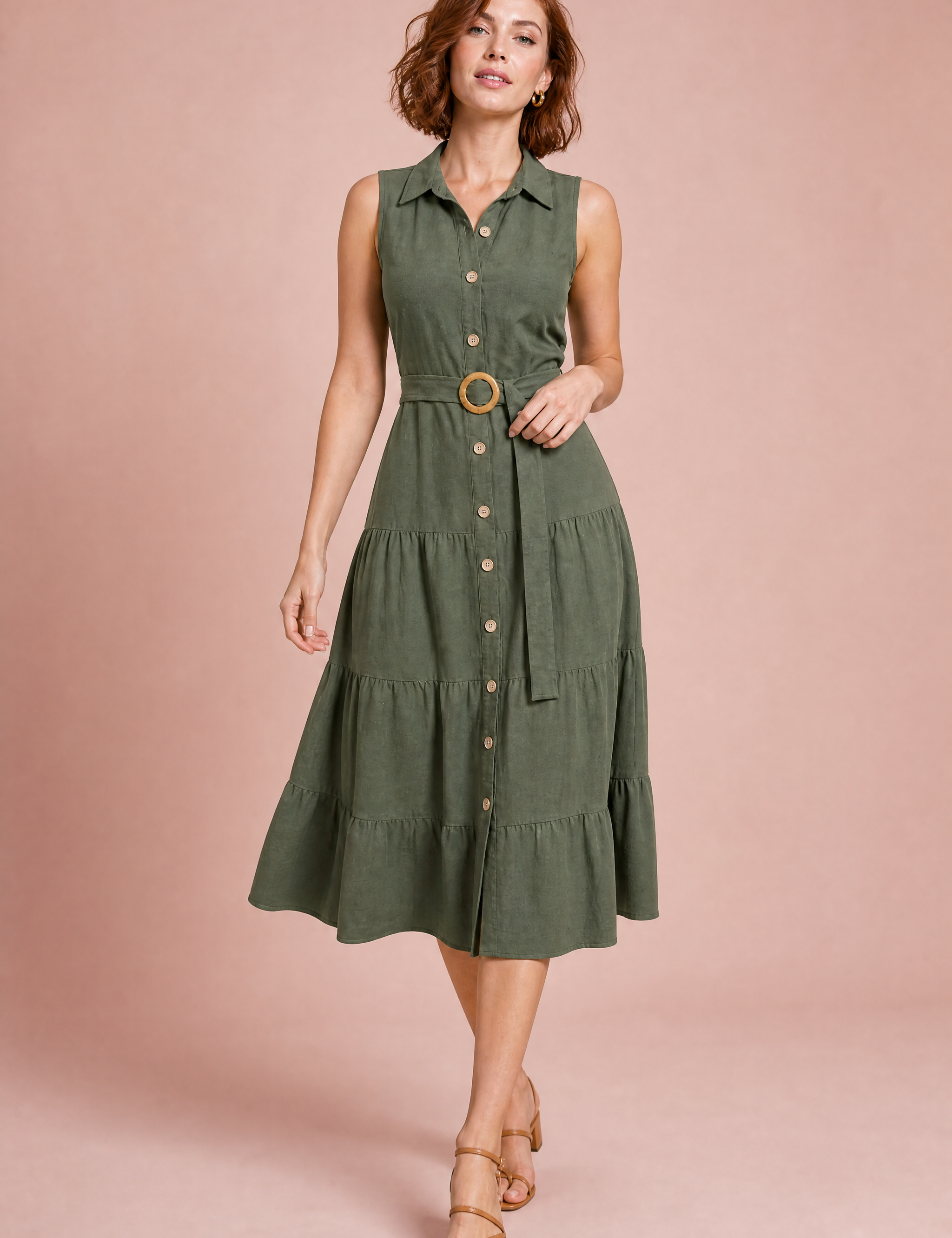 Robe vert militaire col chemise ceinturée | Vue de face | Lounelle Paris