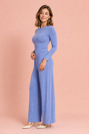 Ensemble bleu col rond taille marquée | Vue de profil | Lounelle Paris