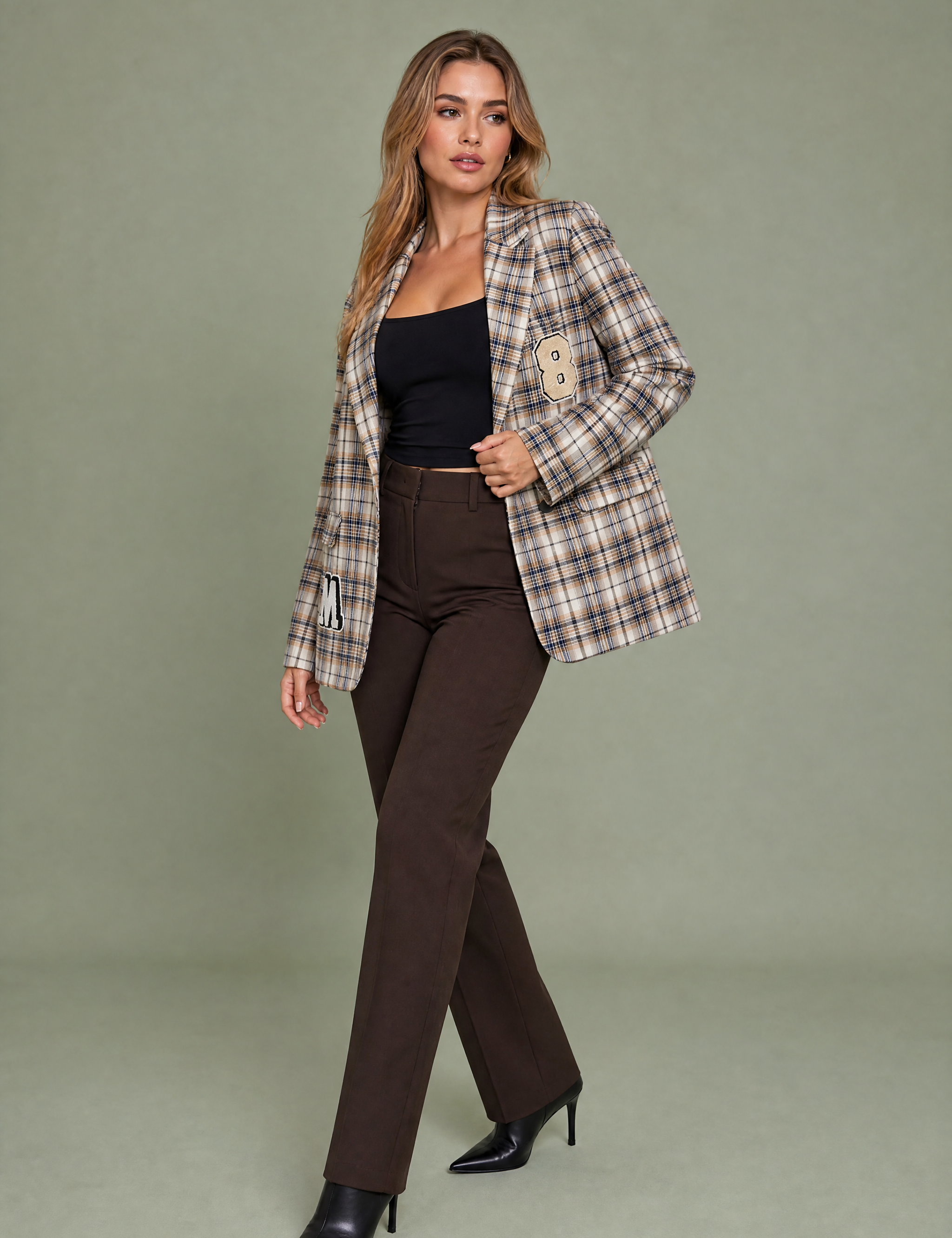 Blazer marron à carreaux | Vue de face | Lounelle Paris