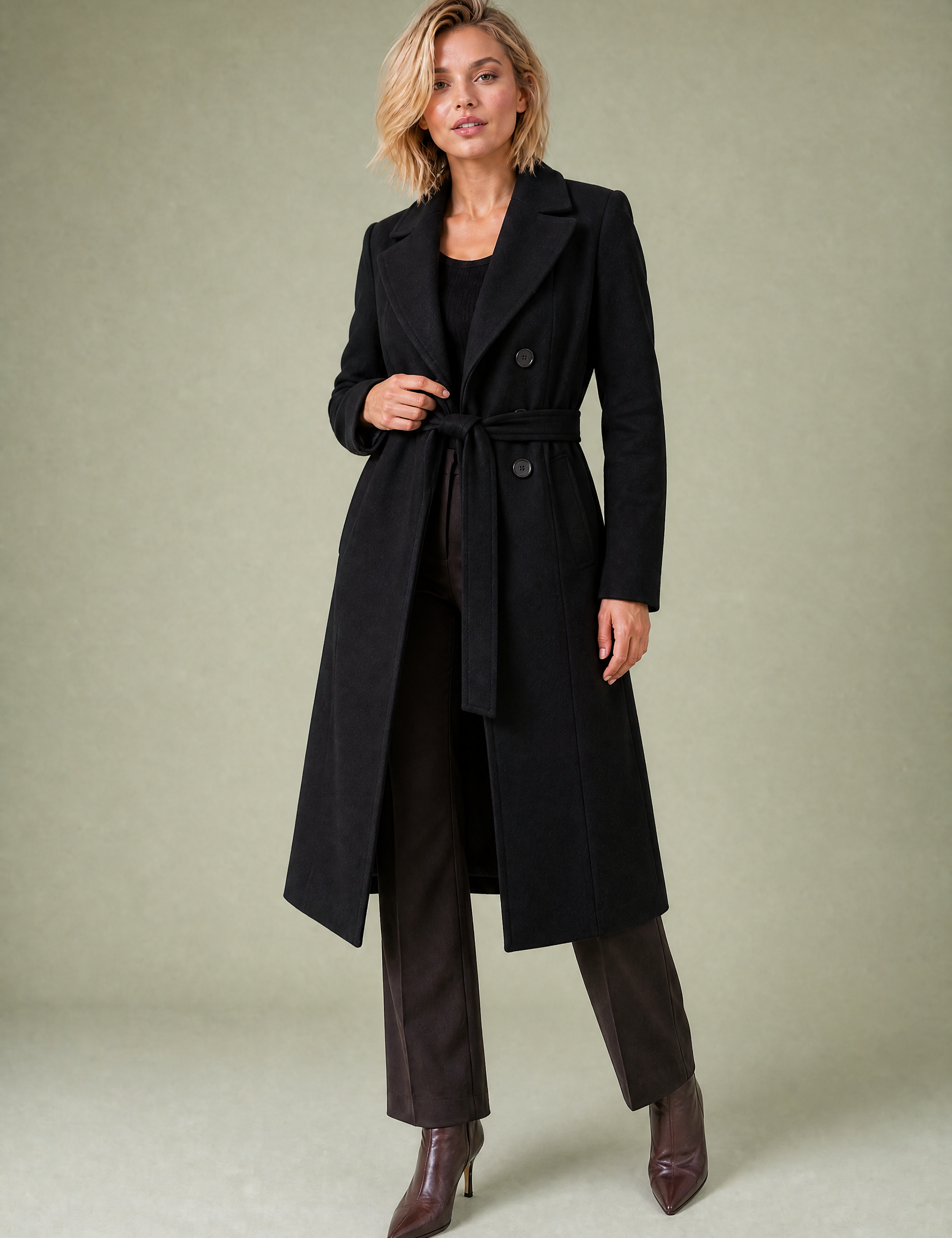 Manteau long ceinturé à col tailleur | Variante Noir | Lounelle Paris
