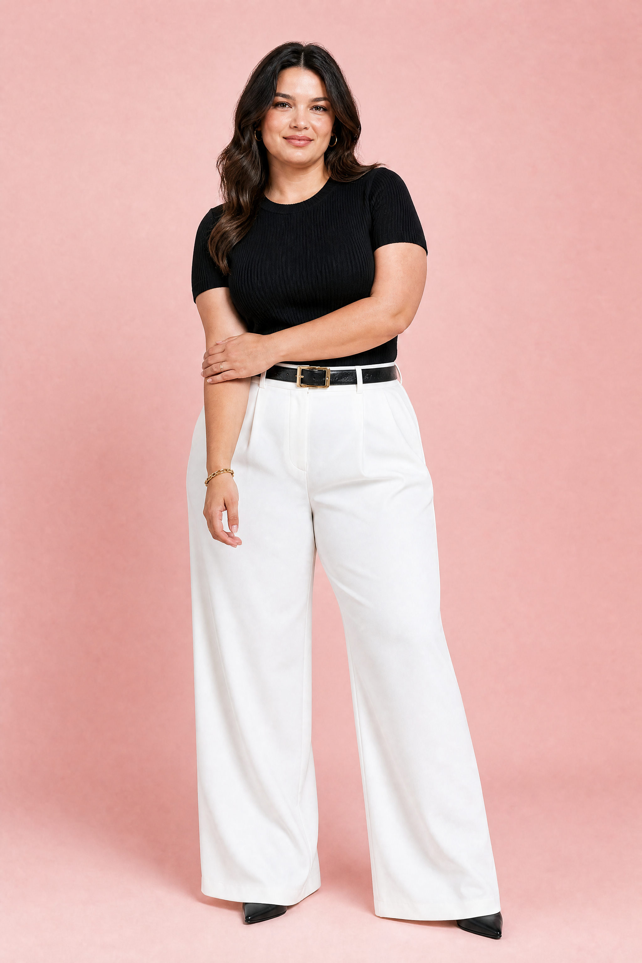 Pantalon taille haute jambes larges | Porté sur une silhouette plus ronde | Lounelle Paris