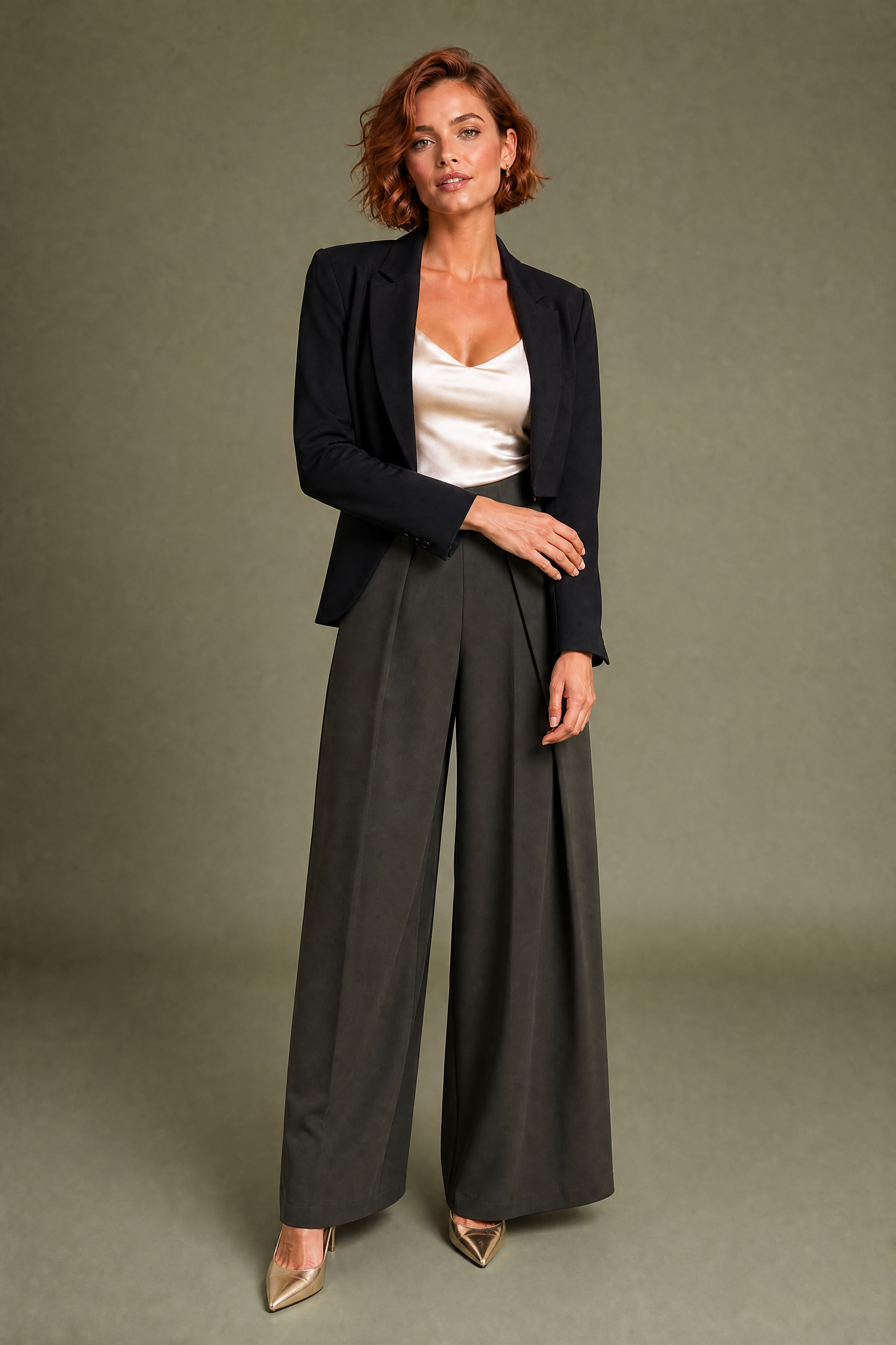 Pantalon large noir plis devant | Variante Vert | Lounelle Paris