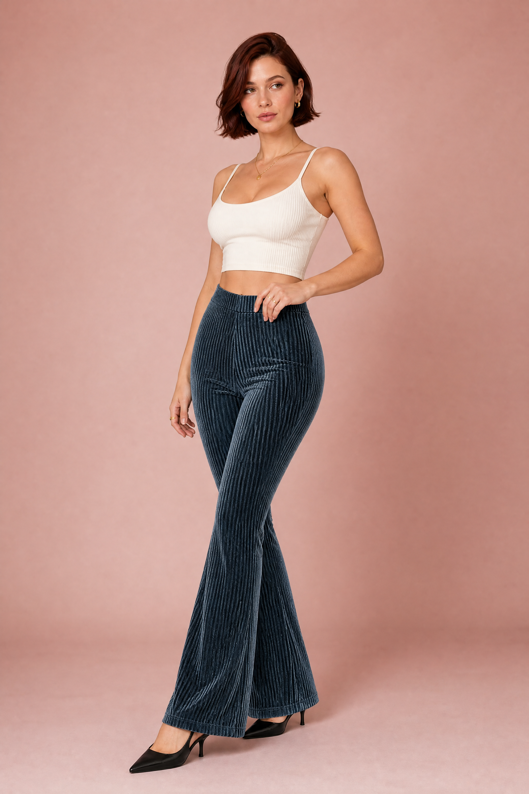 Pantalon gris foncé taille haute évasé | Vue de face | Lounelle Paris
