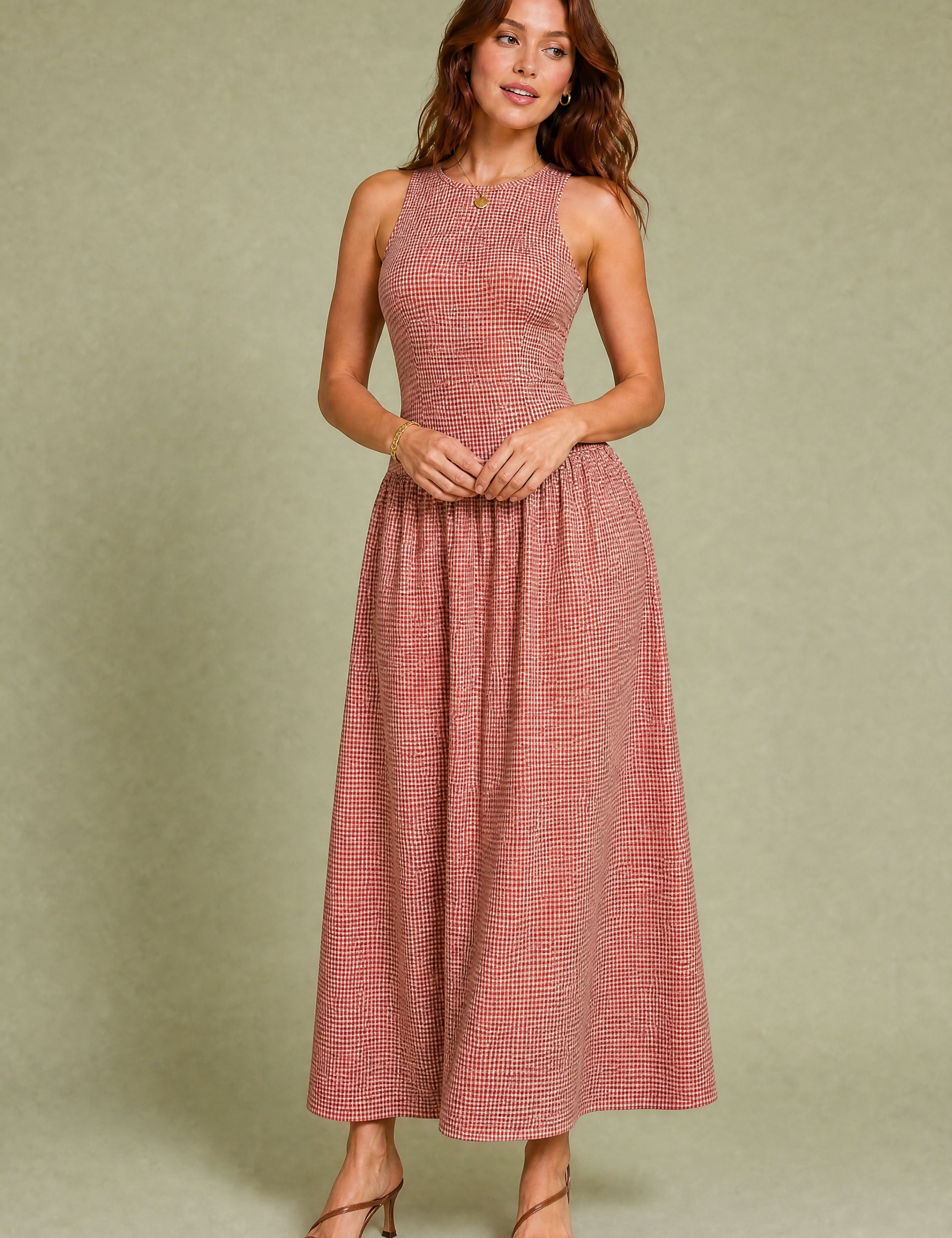 Robe longue vichy smockée | Variante Rouge | Lounelle Paris