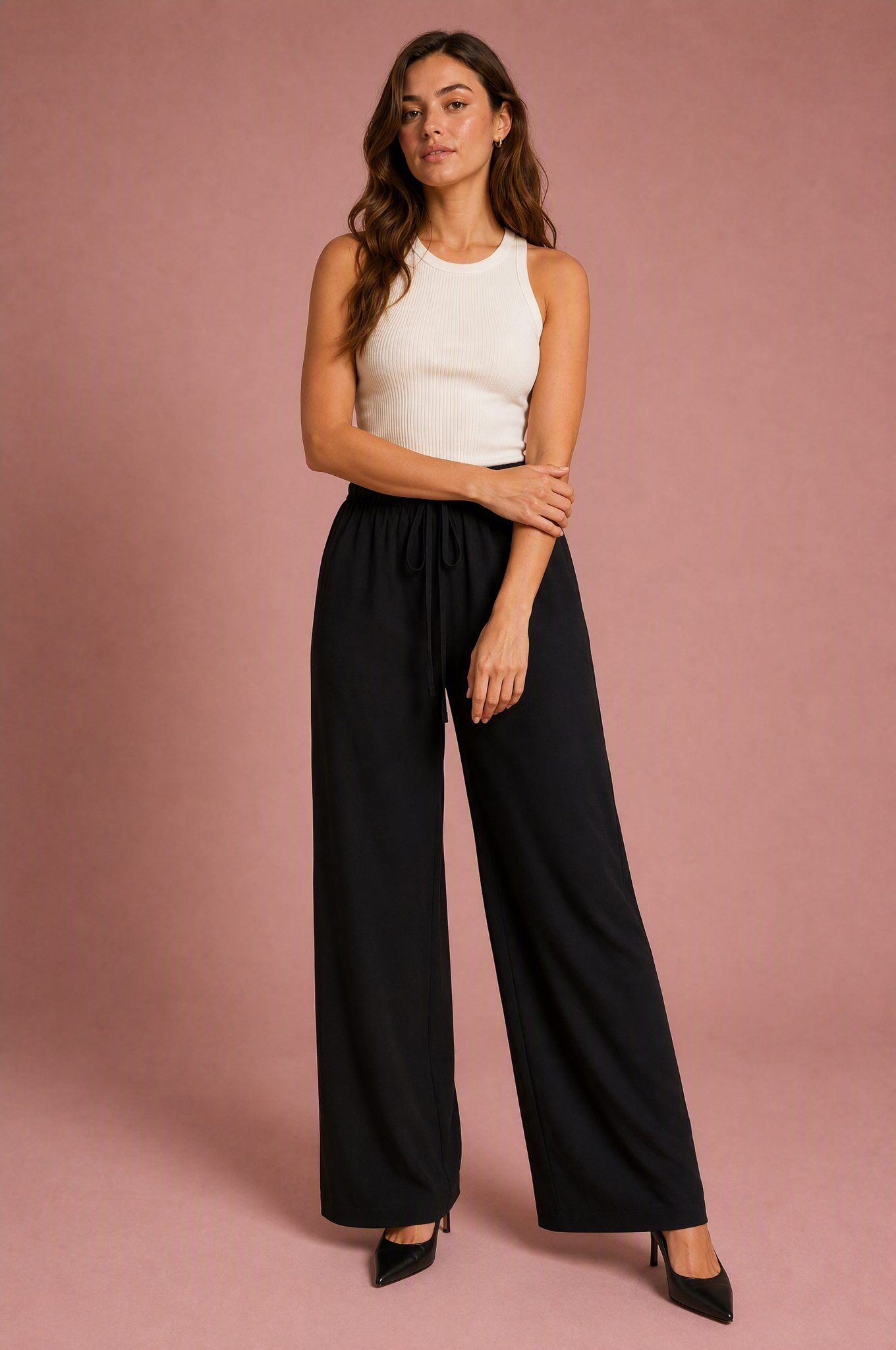 Pantalon fluide large taille cordon | Variante Noir | Lounelle Paris