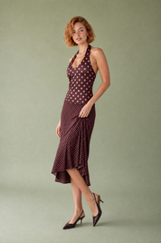 Ensemble marron à pois col halter | Vue de profil | Lounelle Paris