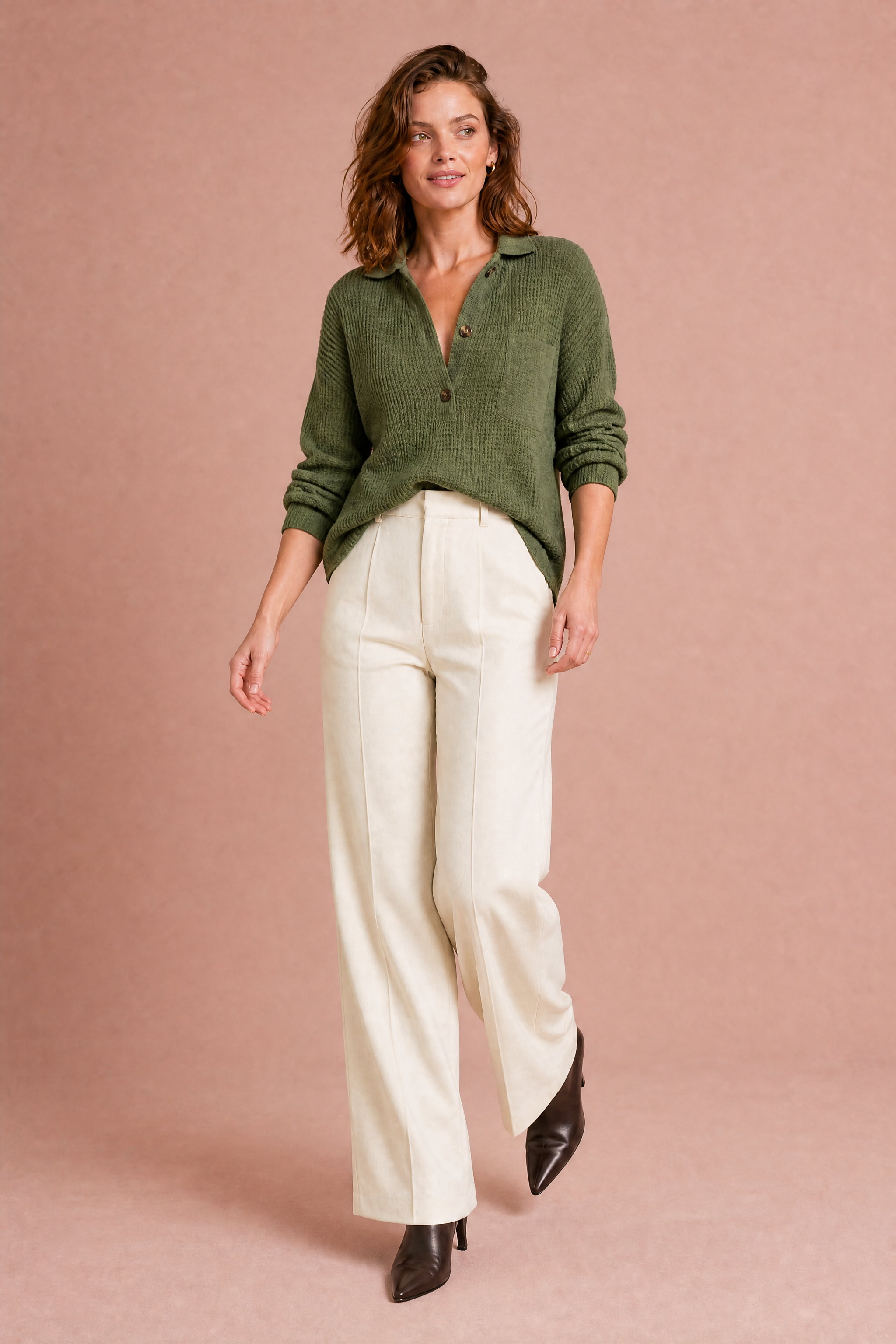 Top maille gaufrée col chemise | Vue en mouvement | Lounelle Paris