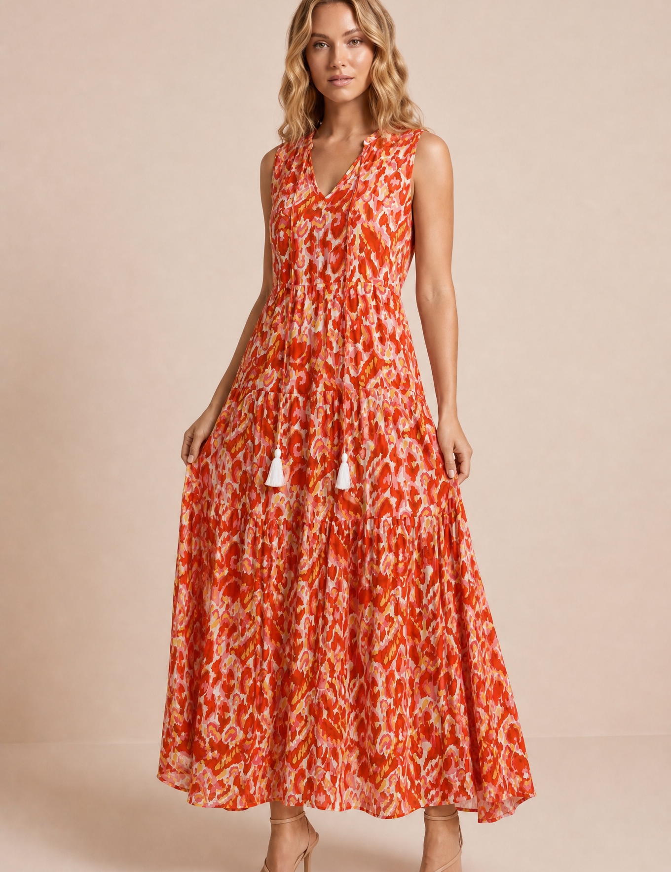 Robe imprimée col V franges | Variante Rouge | Lounelle Paris