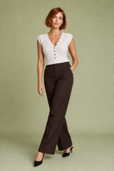 Top maglia beige a righe con scollo a V
