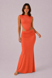 Robe longue dos nu taille ajourée | Variante Orange | Lounelle Paris