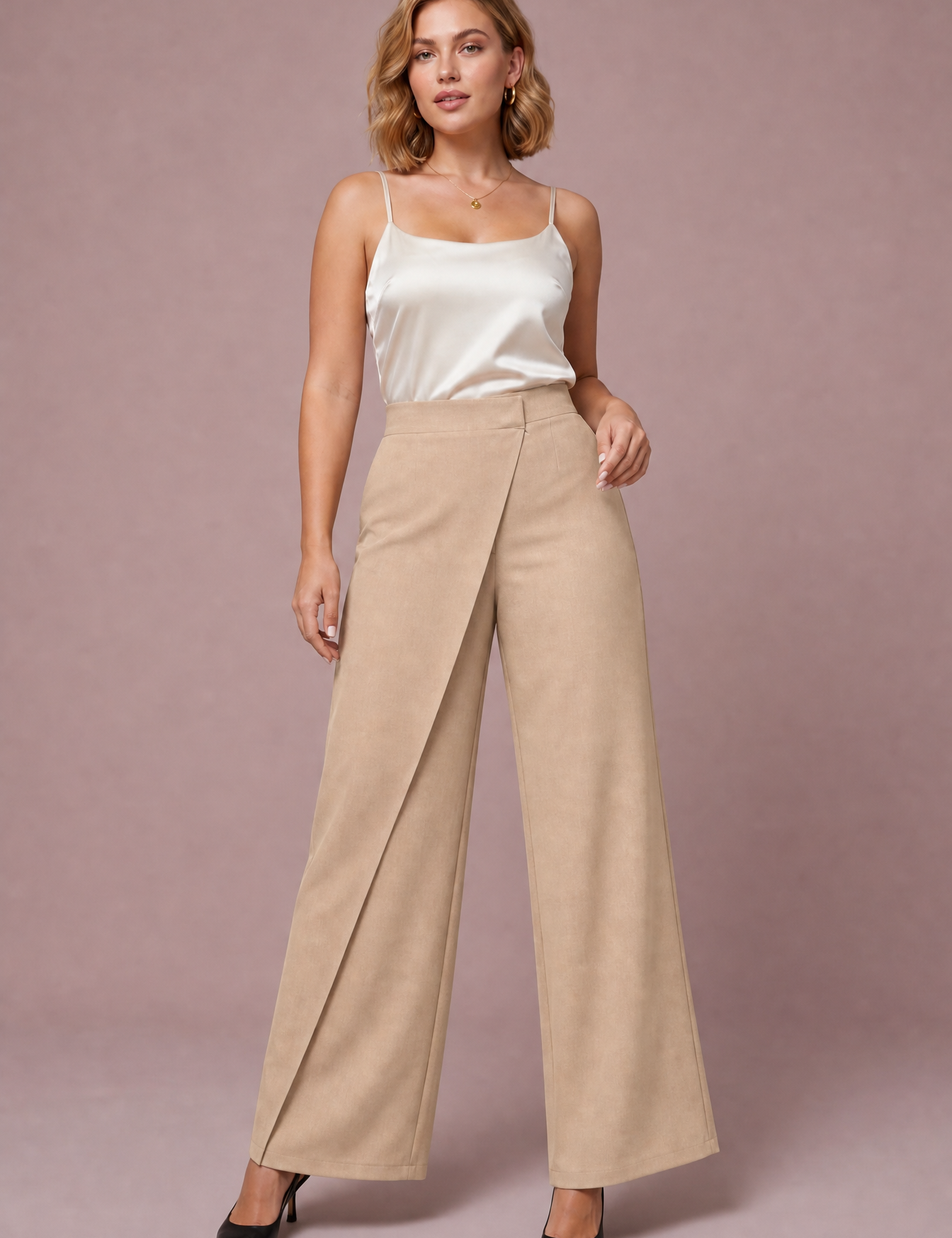 Pantalon taille haute asymétrique | Variante Beige | Lounelle Paris
