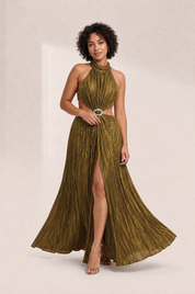 Robe longue or olive dos ouvert | Porté sur une autre silhouette | Lounelle Paris