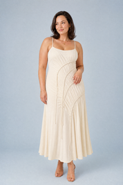 Robe longue abricot à bretelles froncée | Porté sur une autre silhouette | Lounelle Paris