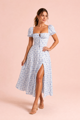 Vestito blu scollo quadrato maniche a sbuffo