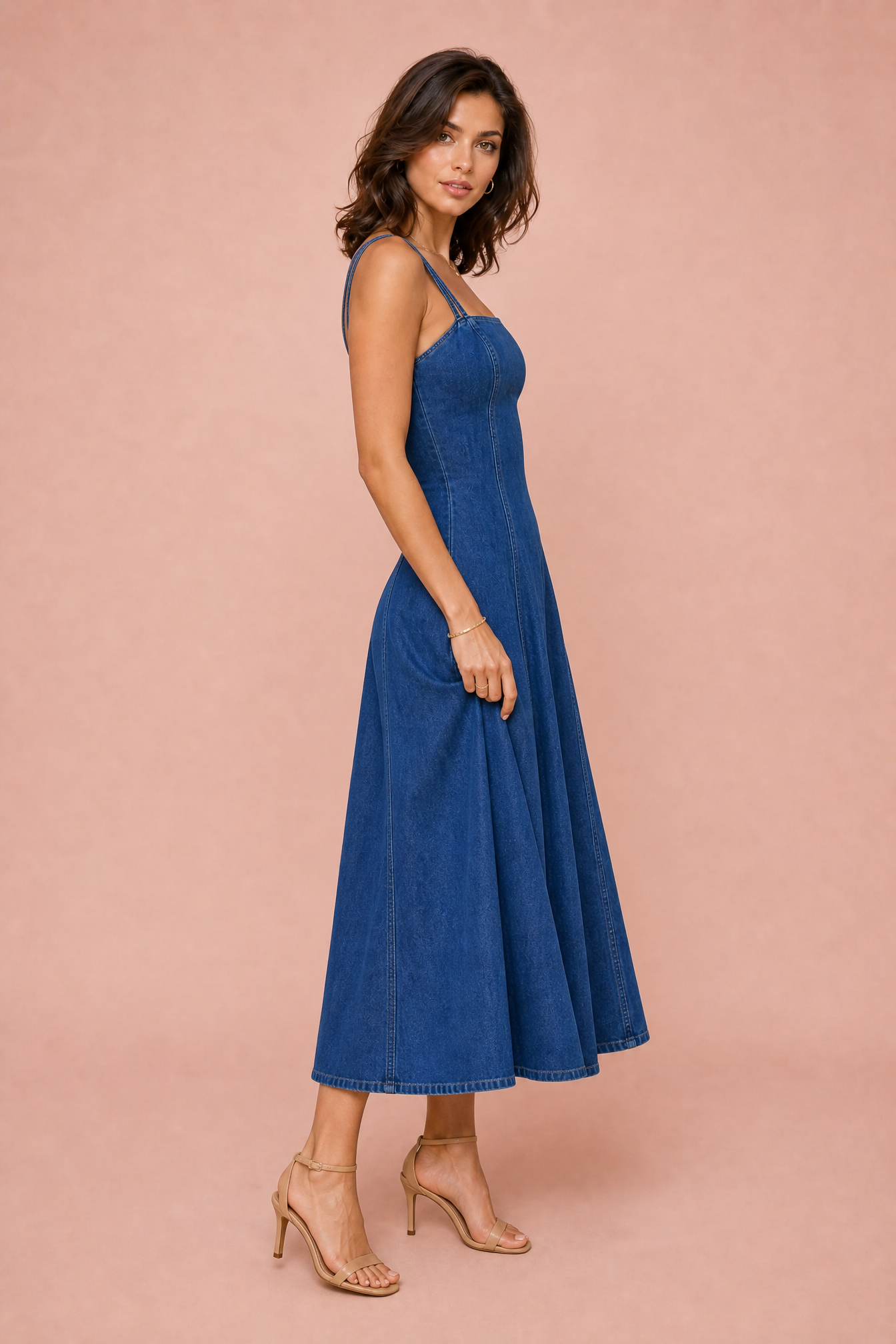 Robe bleue fines bretelles évasée | Vue de profil | Lounelle Paris