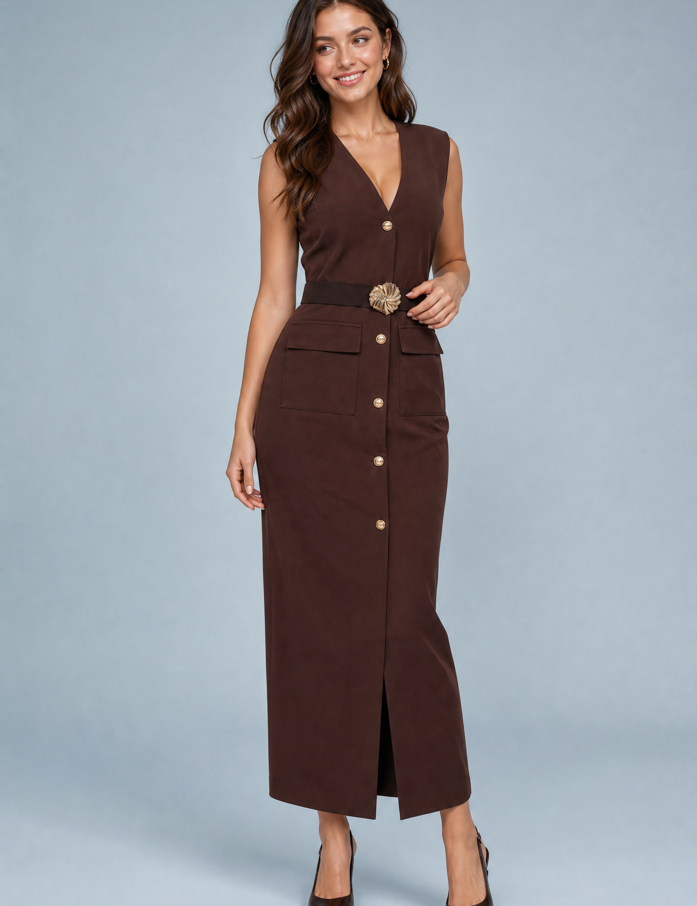 Robe longue col V ceinturée | Vue de face | Lounelle Paris