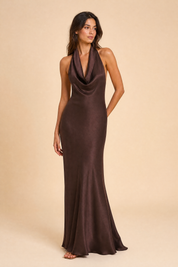 Robe marron col halter dos nu | Vue de face | Lounelle Paris