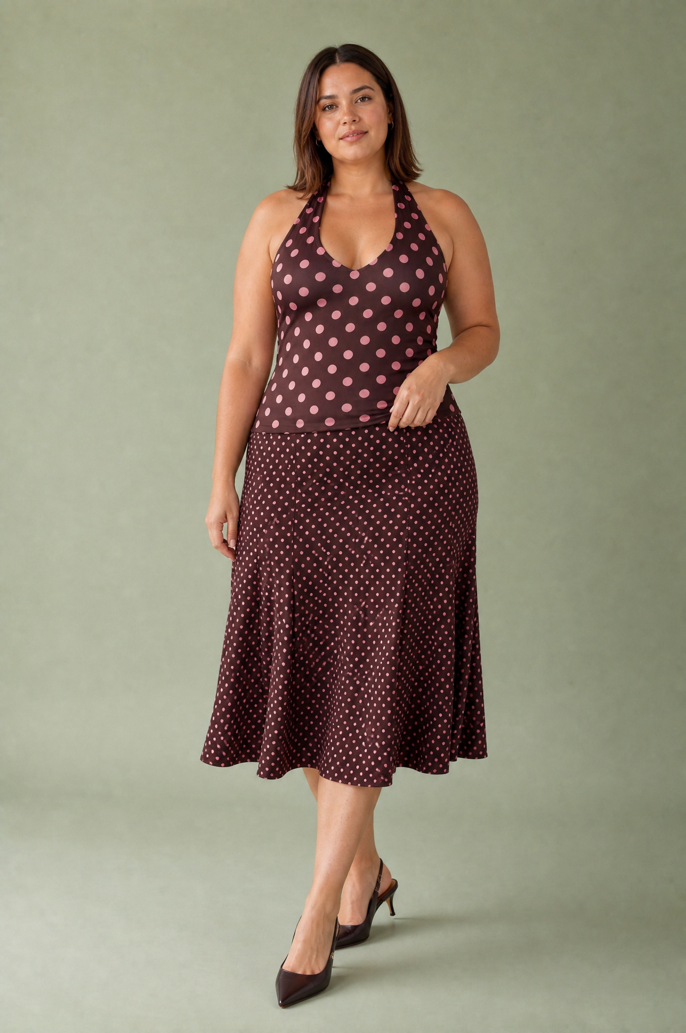 Ensemble marron à pois col halter | Porté sur une autre silhouette | Lounelle Paris
