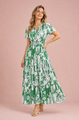 Abito lungo verde stampato con scollo a V