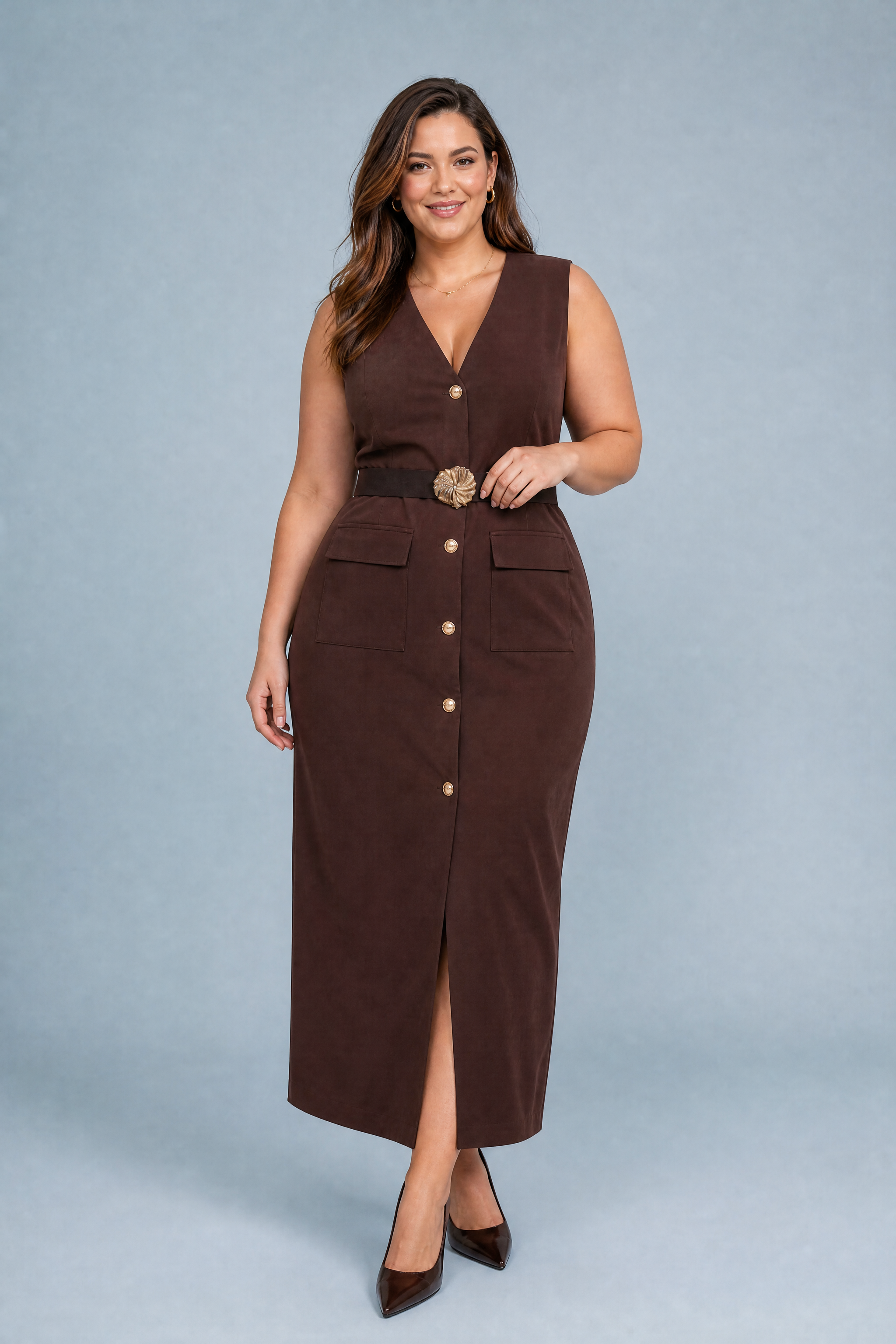 Robe longue col V ceinturée | Porté sur une silhouette plus ronde | Lounelle Paris