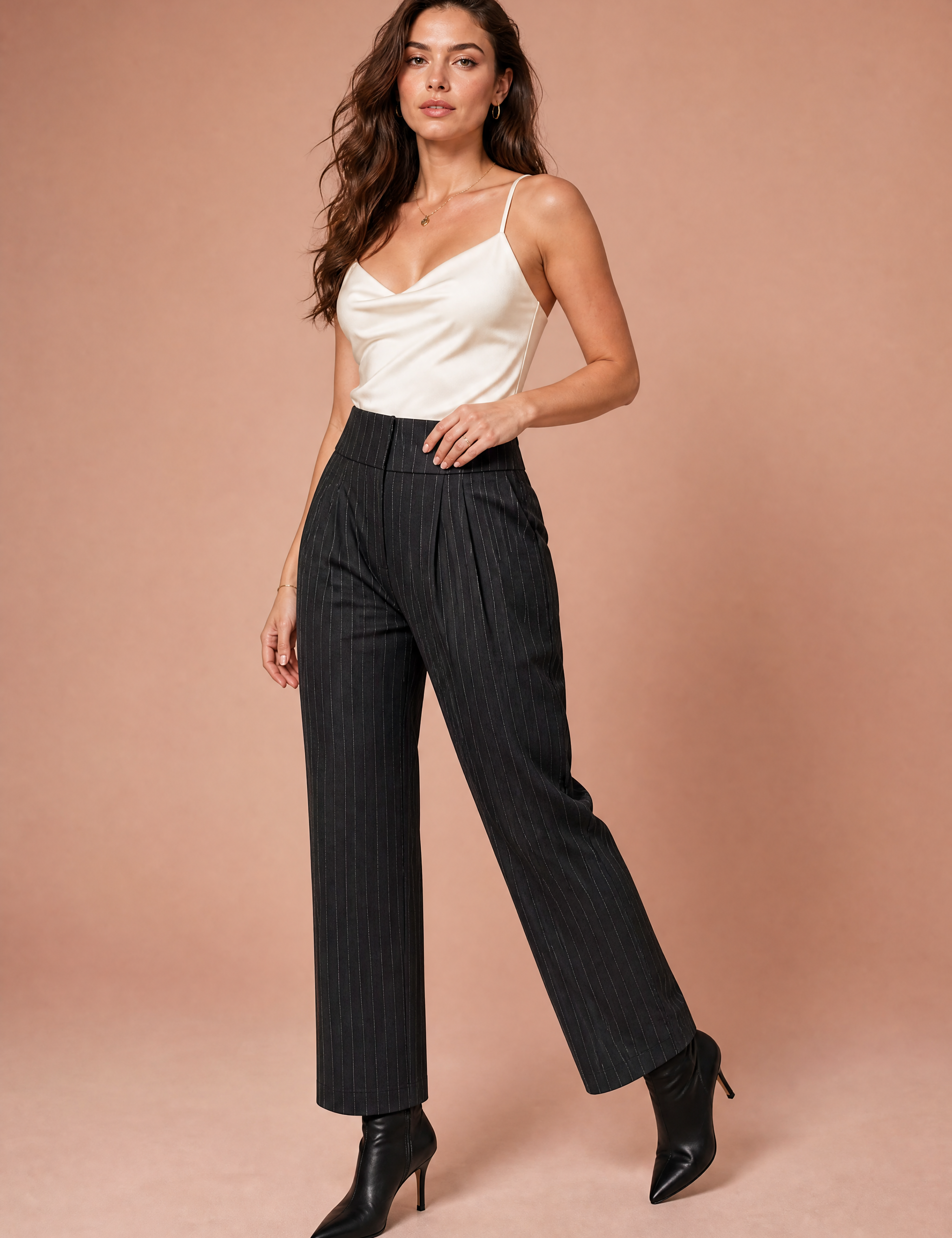 Pantalon tailleur rayé taille haute | Vue de face | Lounelle Paris