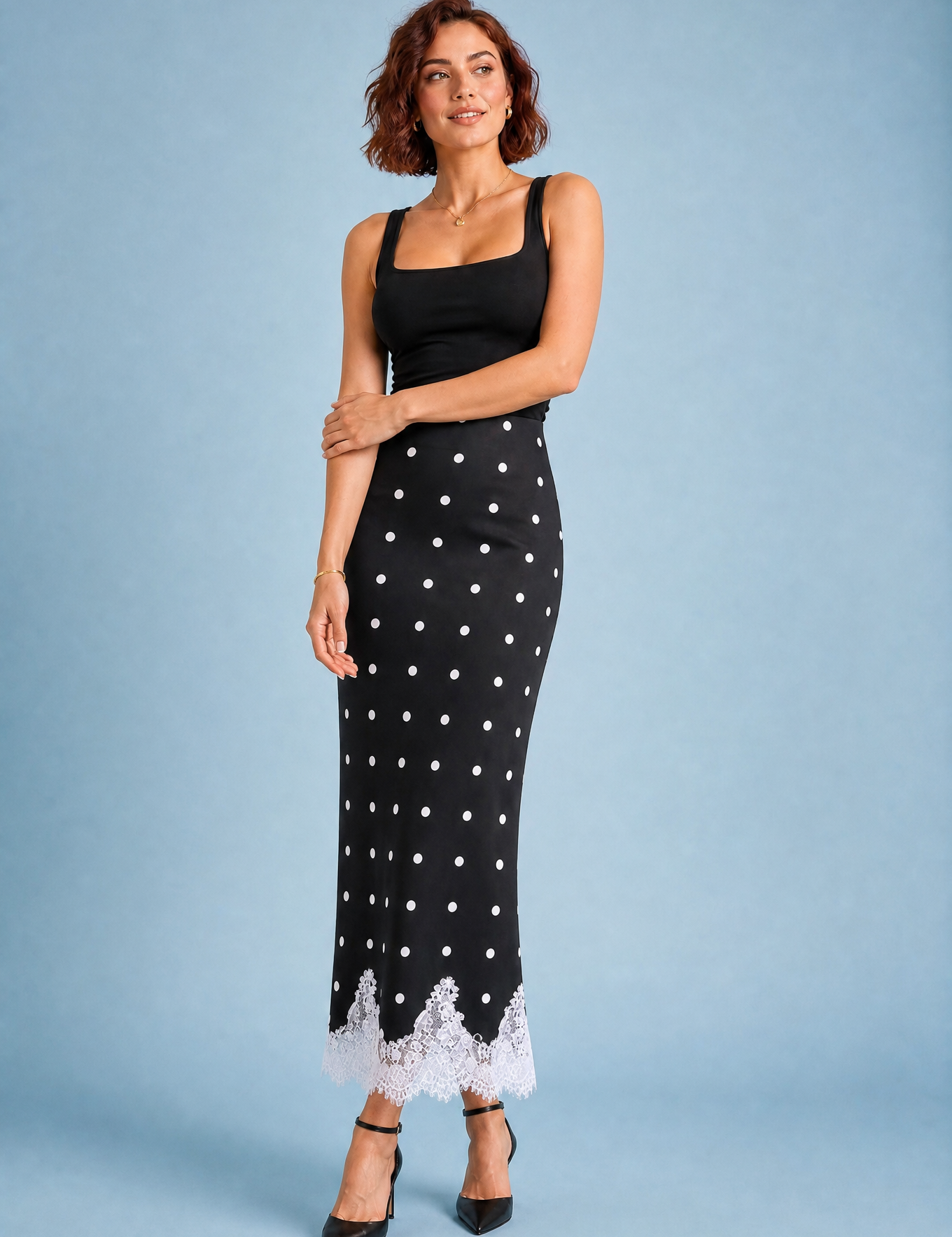 Jupe longue à pois et dentelle | Variante Noir | Lounelle Paris