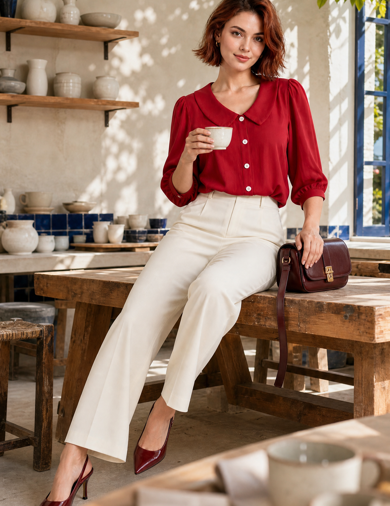 Chemisier col rond manches bouffantes | Photo lifestyle | Lounelle Paris