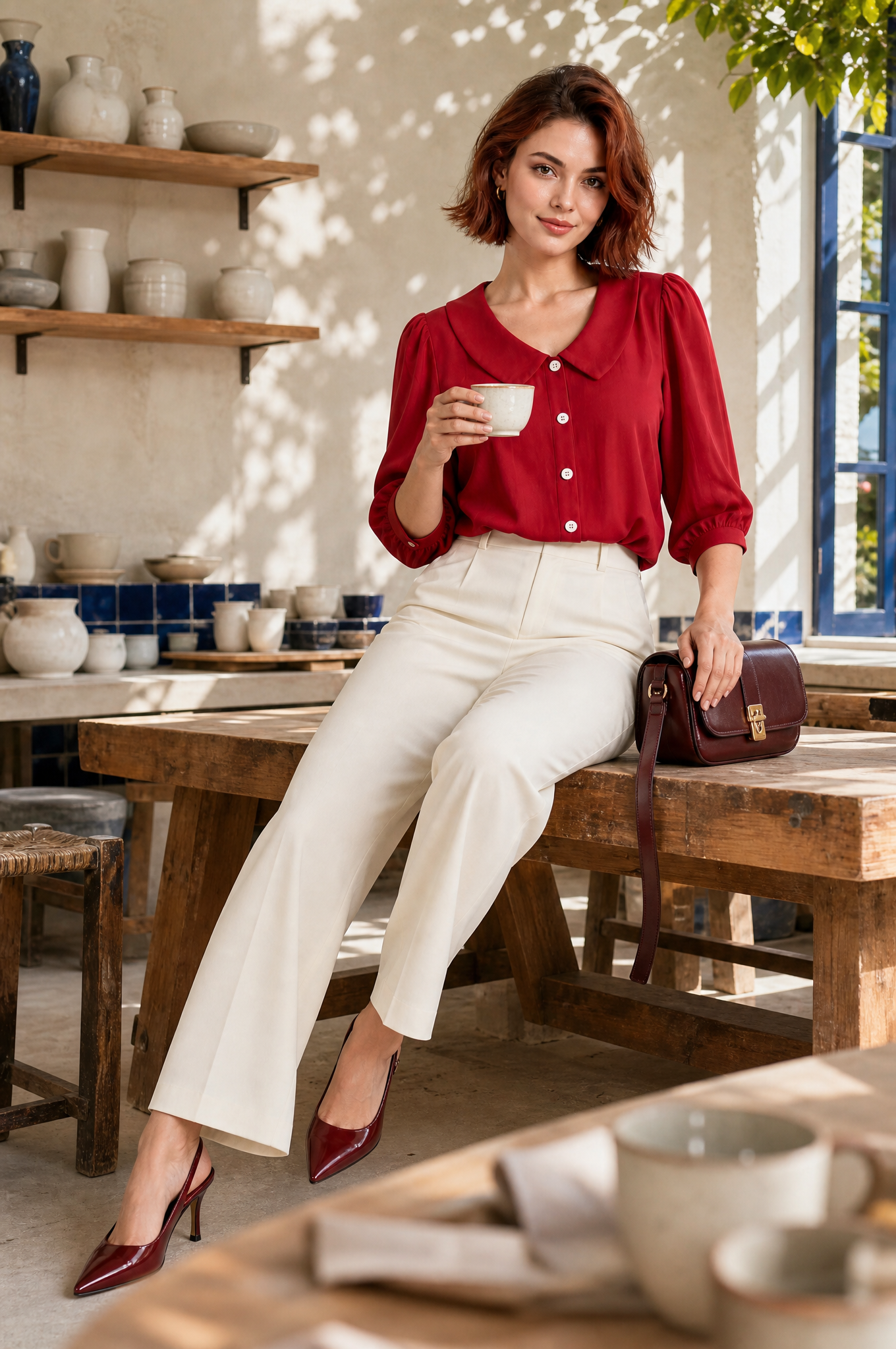 Chemisier col rond manches bouffantes | Photo lifestyle | Lounelle Paris
