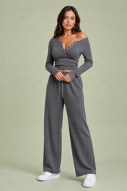 Ensemble col V et pantalon large | Variante Gris foncé | Lounelle Paris