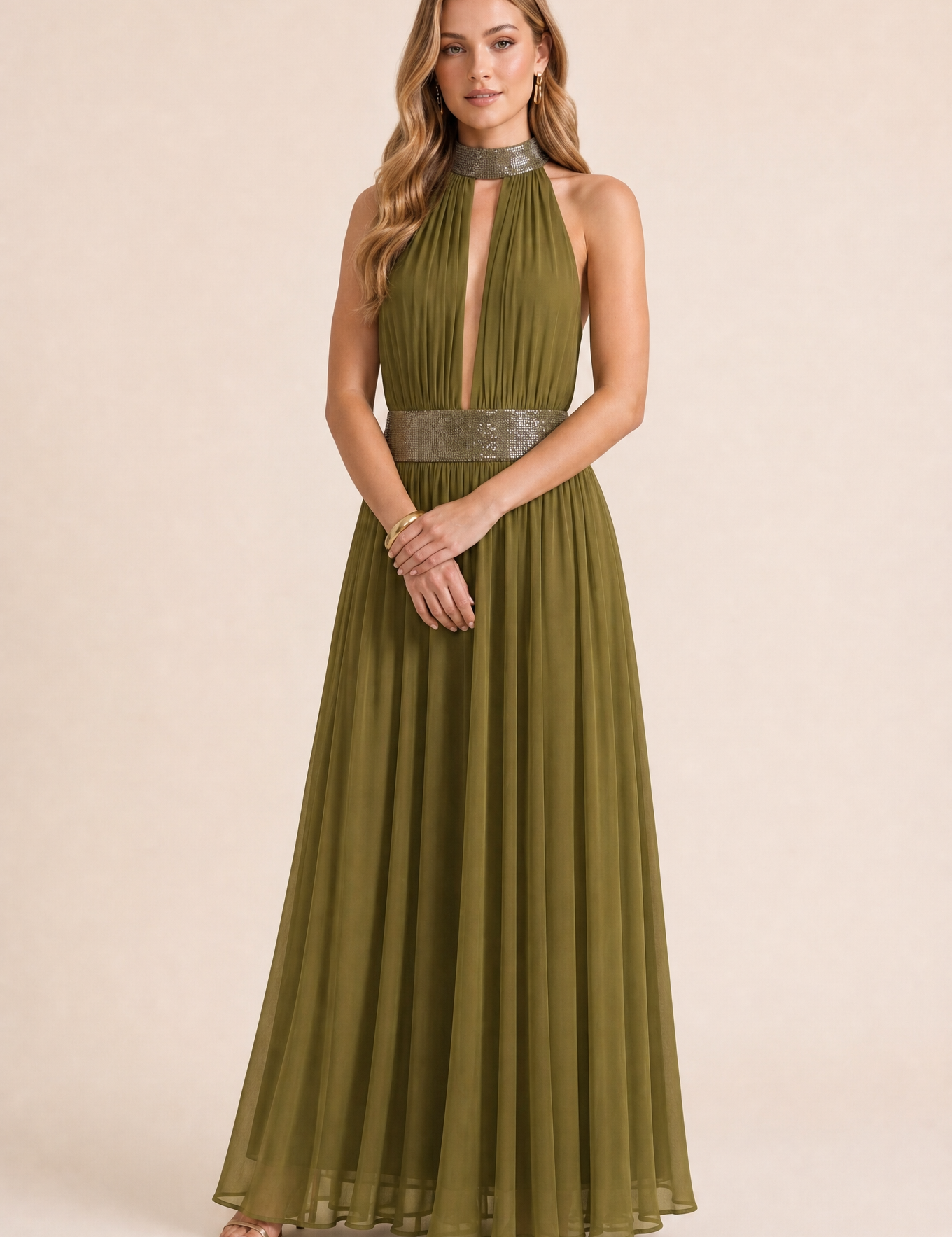 Robe longue col licou dos nu | Variante Vert | Lounelle Paris