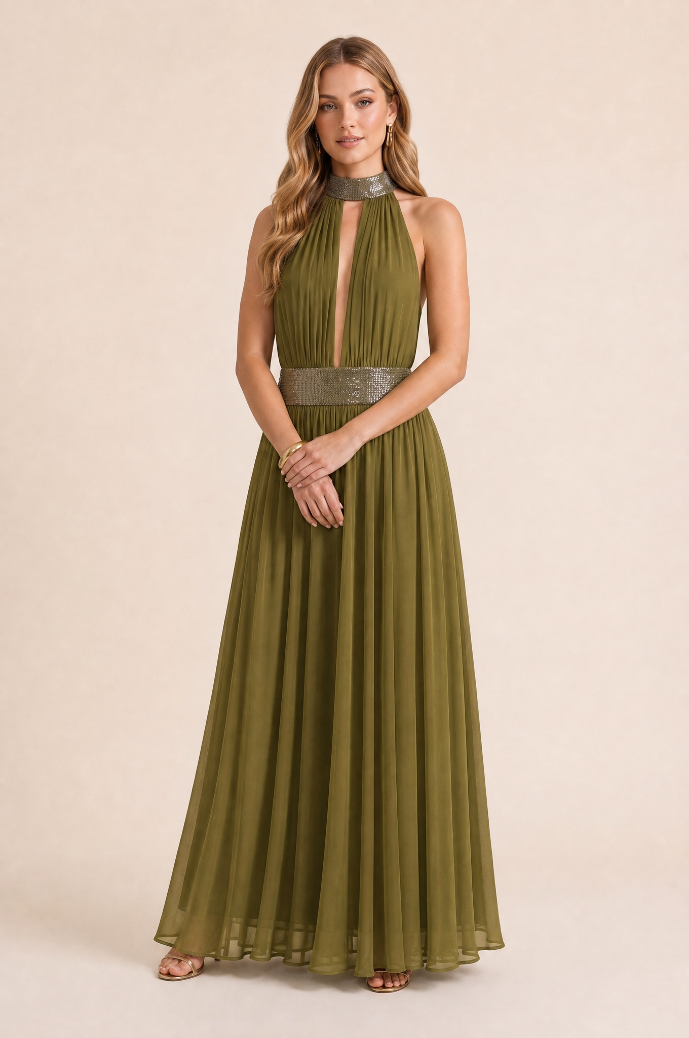 Robe longue col licou dos nu | Variante Vert | Lounelle Paris