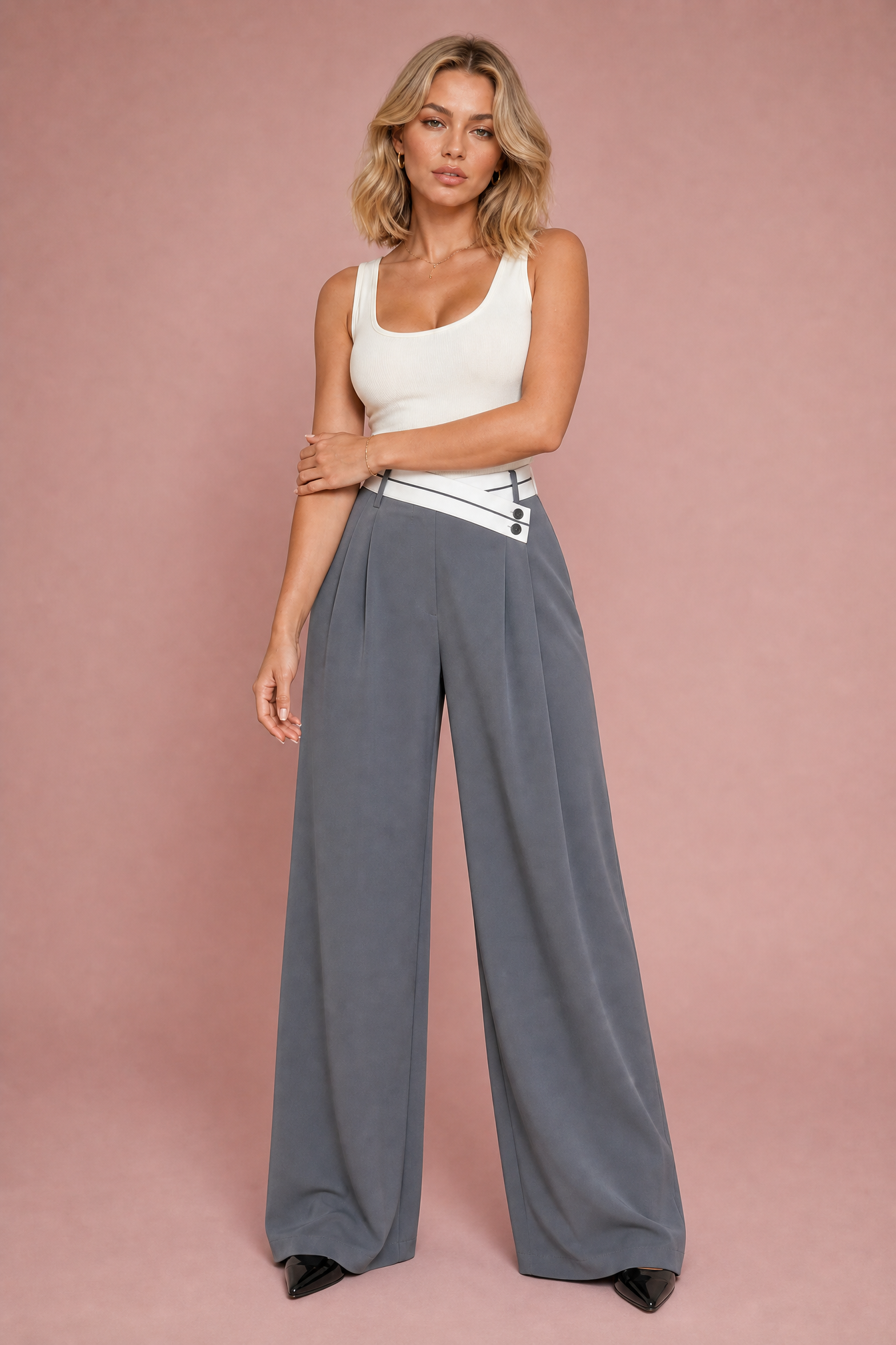 Pantalon large taille haute croisée | Variante Gris | Lounelle Paris