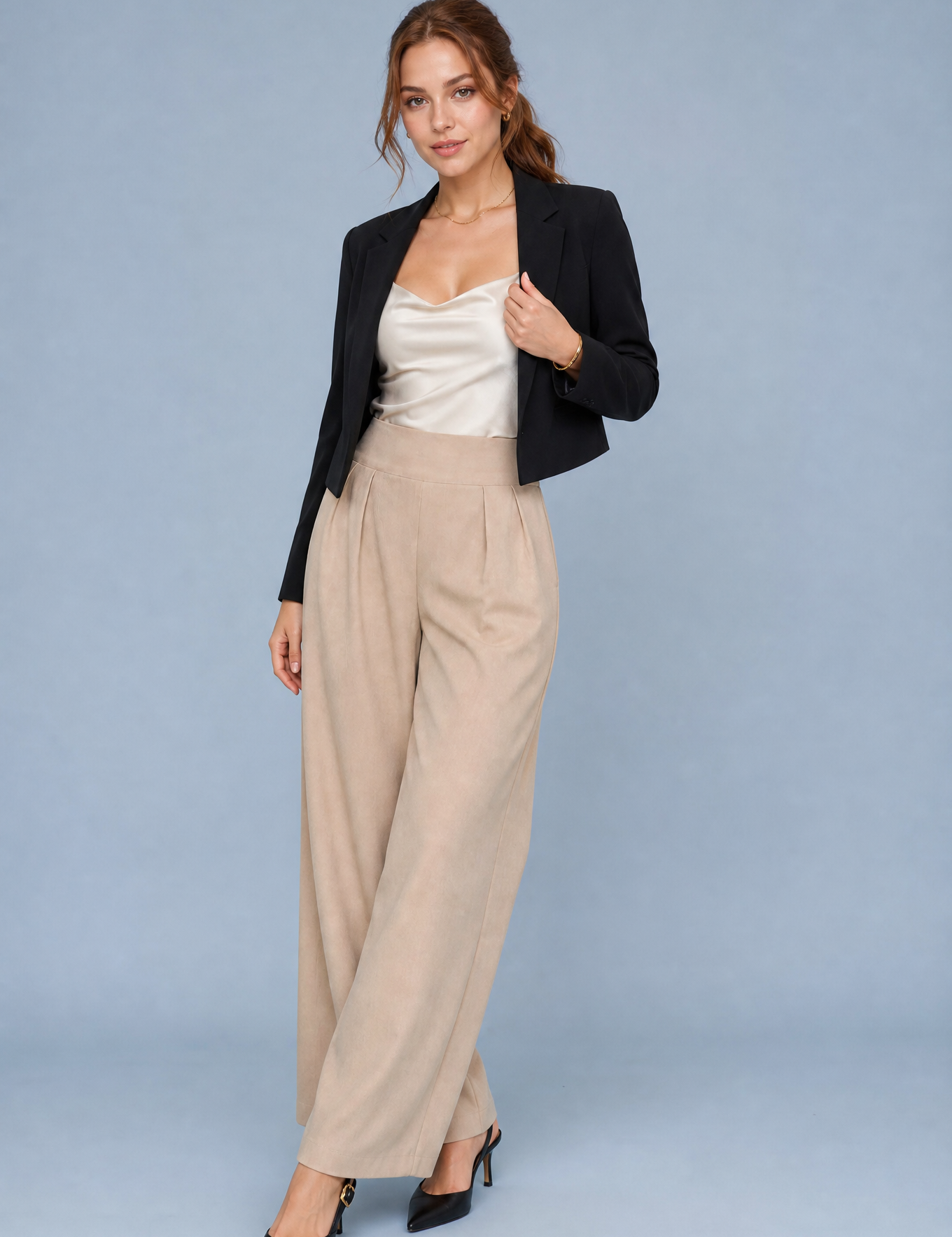 Pantalon large taille haute plissé | Vue de face | Lounelle Paris