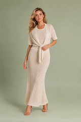 Completo 3 pezzi beige maglia traforata