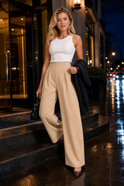 Pantalon beige taille haute jambes larges | Variante Beige - Lifestyle | Lounelle Paris