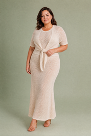 Ensemble 3 pièces beige maille ajourée | Porté sur une silhouette plus ronde | Lounelle Paris