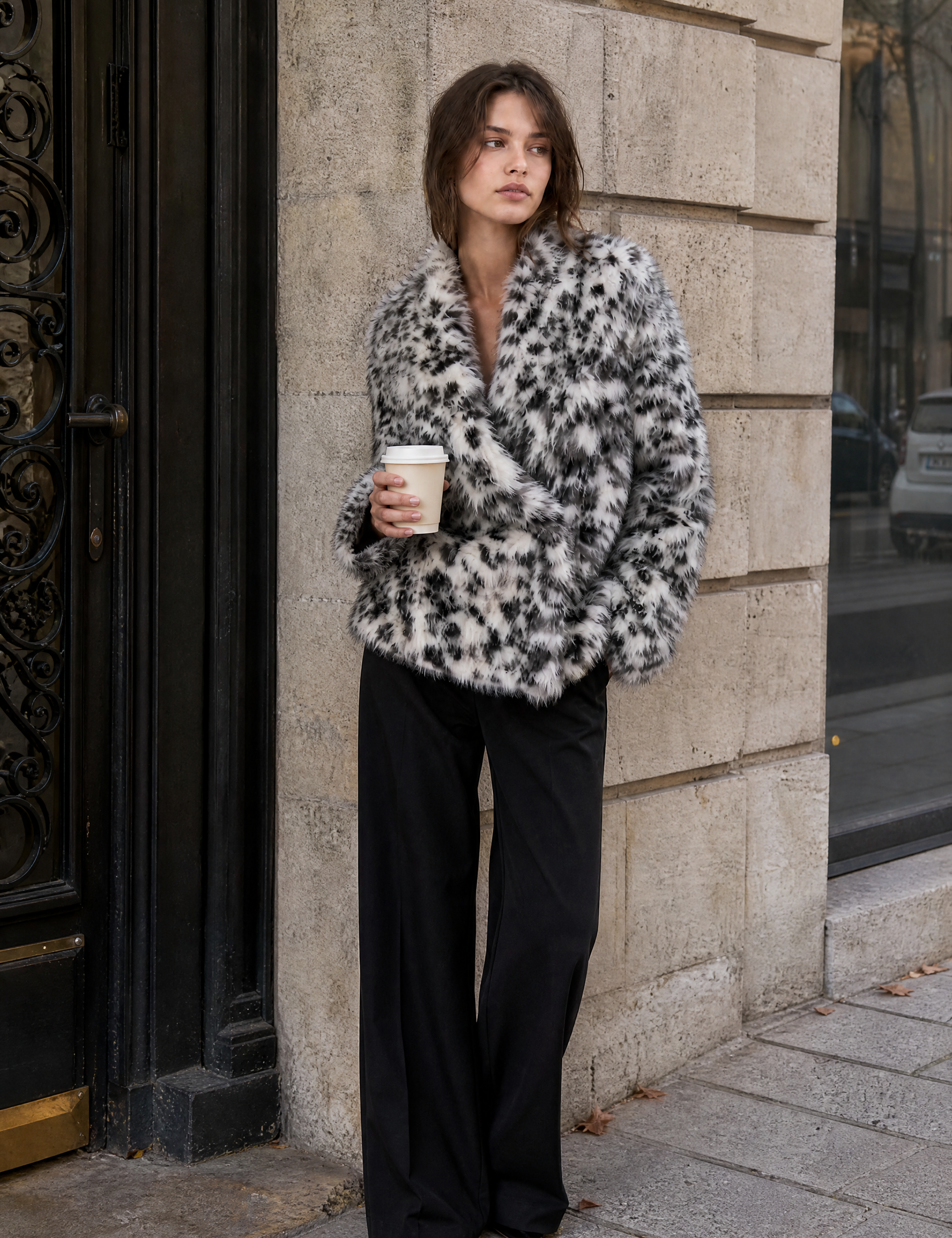 Veste ample fausse fourrure imprimé animalier | Photo lifestyle | Lounelle Paris