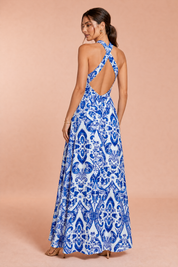 Robe longue bleue col halter dos nu | Vue de dos | Lounelle Paris