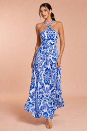 Robe longue bleue col halter dos nu | Vue en mouvement | Lounelle Paris