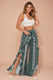 Pantalon vert imprimé taille haute | Vue de face | Lounelle Paris