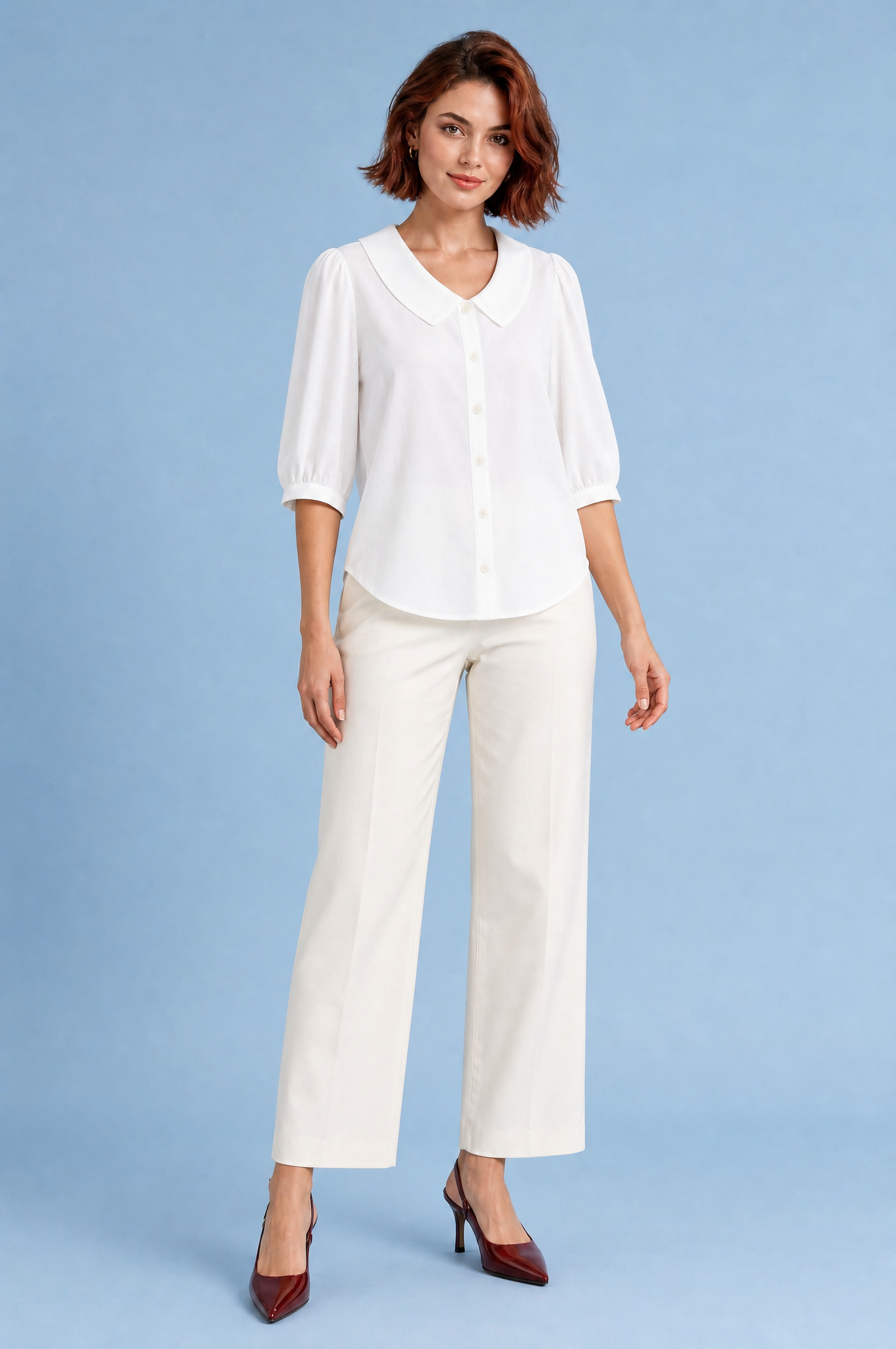 Chemisier col rond manches bouffantes | Variante Blanc | Lounelle Paris