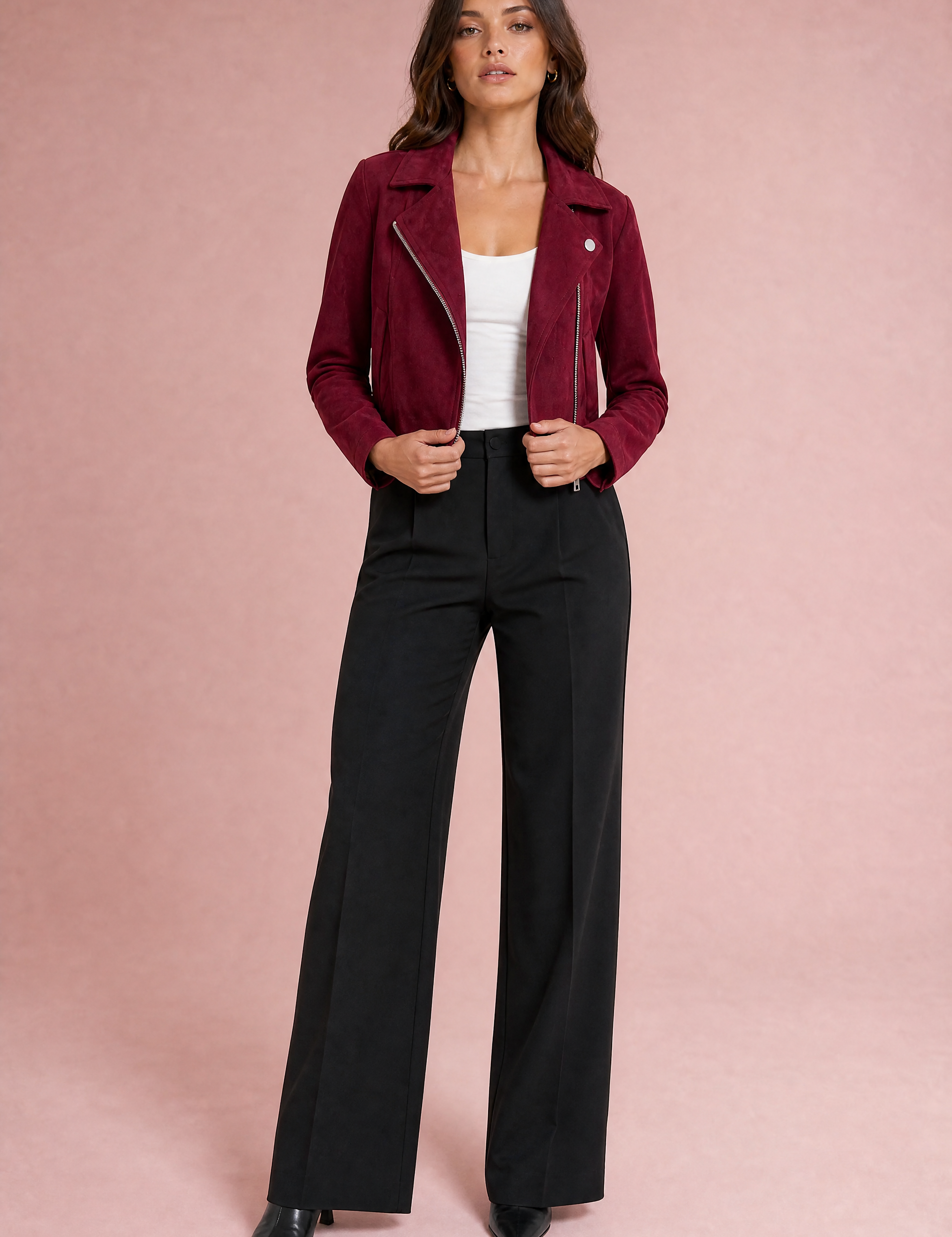 Veste courte suédine zip asymétrique | Variante Bordeaux | Lounelle Paris