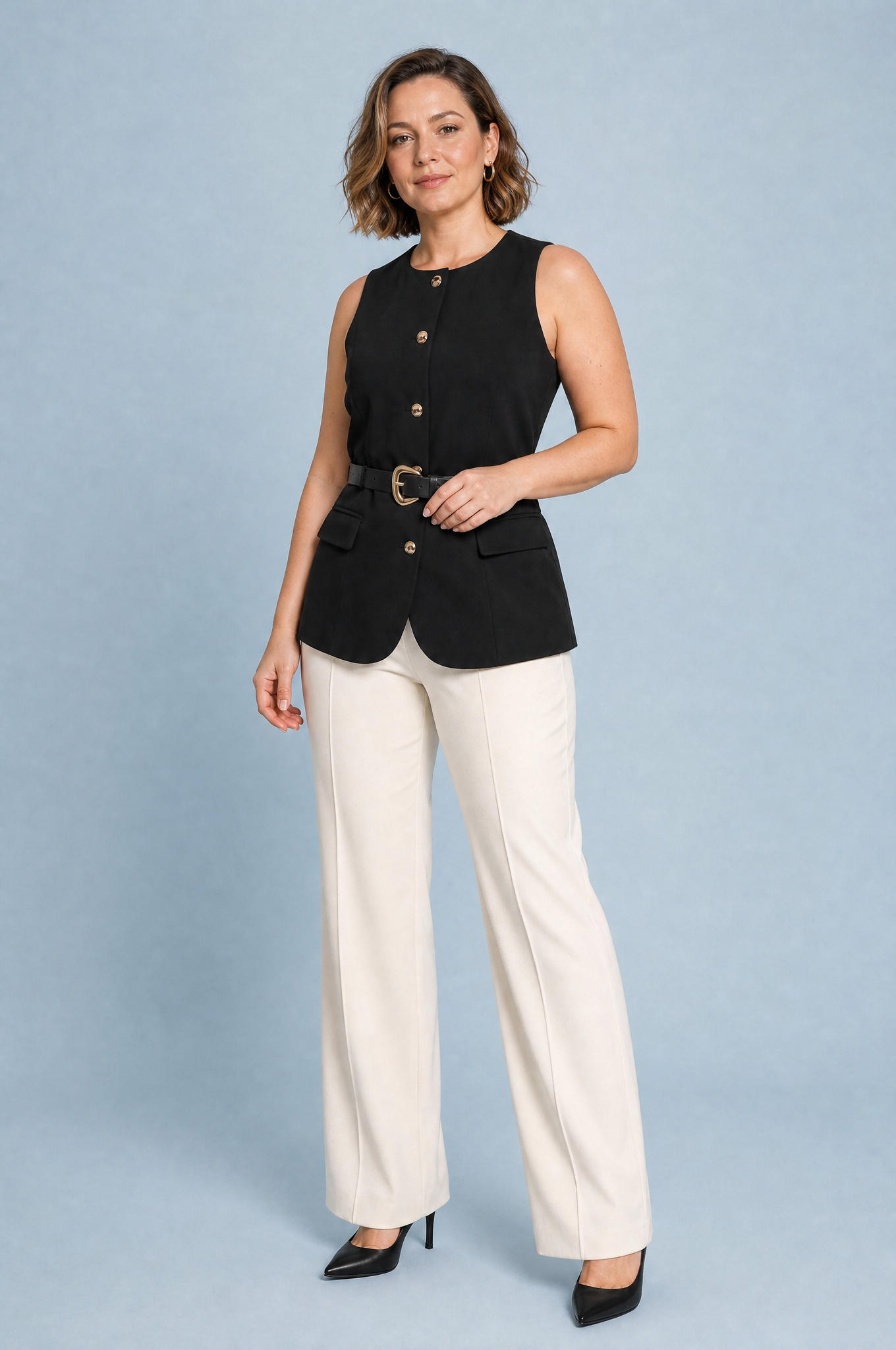 Gilet noir ceinturé col rond | Porté sur une autre silhouette | Lounelle Paris