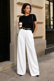 Pantalon taille haute jambes larges | Photo lifestyle | Lounelle Paris